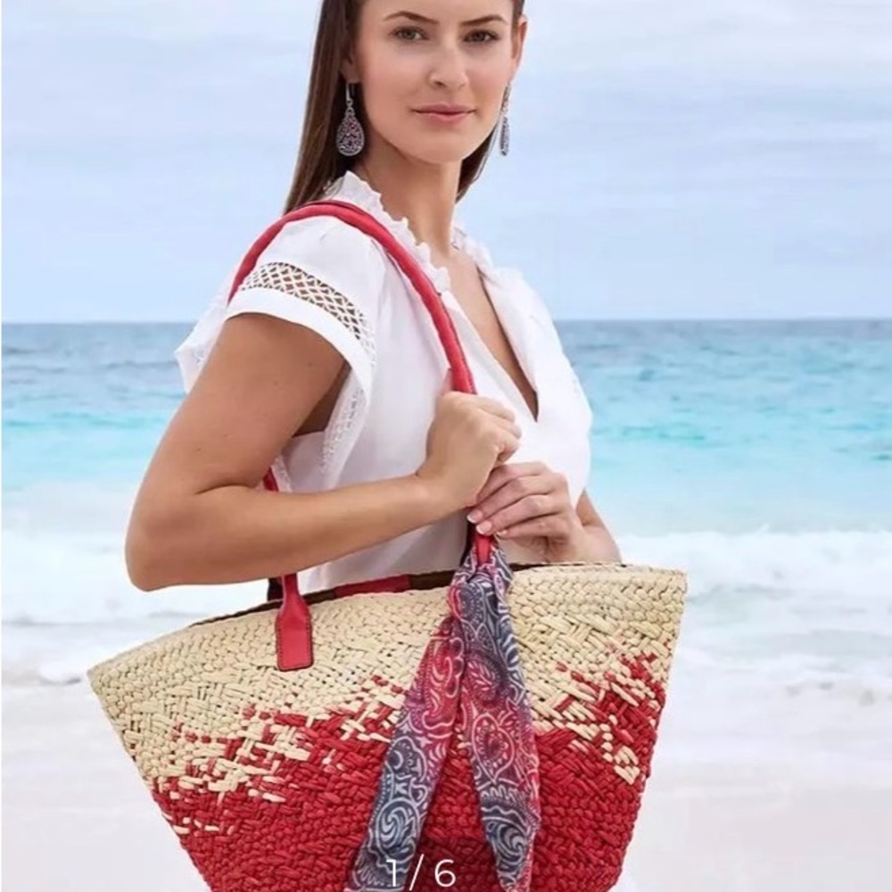 Patricia Nash BNWT (RED)
Calypso Medium Woven Straw Tote with Greek Floral Scarf